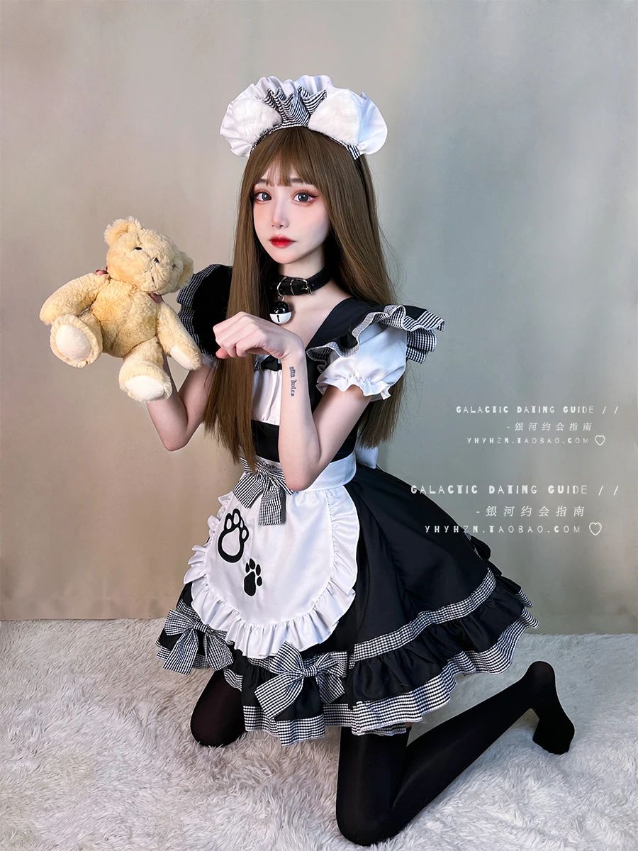 Black Cat Girl French Maid Cos Play Costume Sexy Black Silk Stockings Lolita Dress Cute Short Sleeve Sevika Lolita Comic-Con