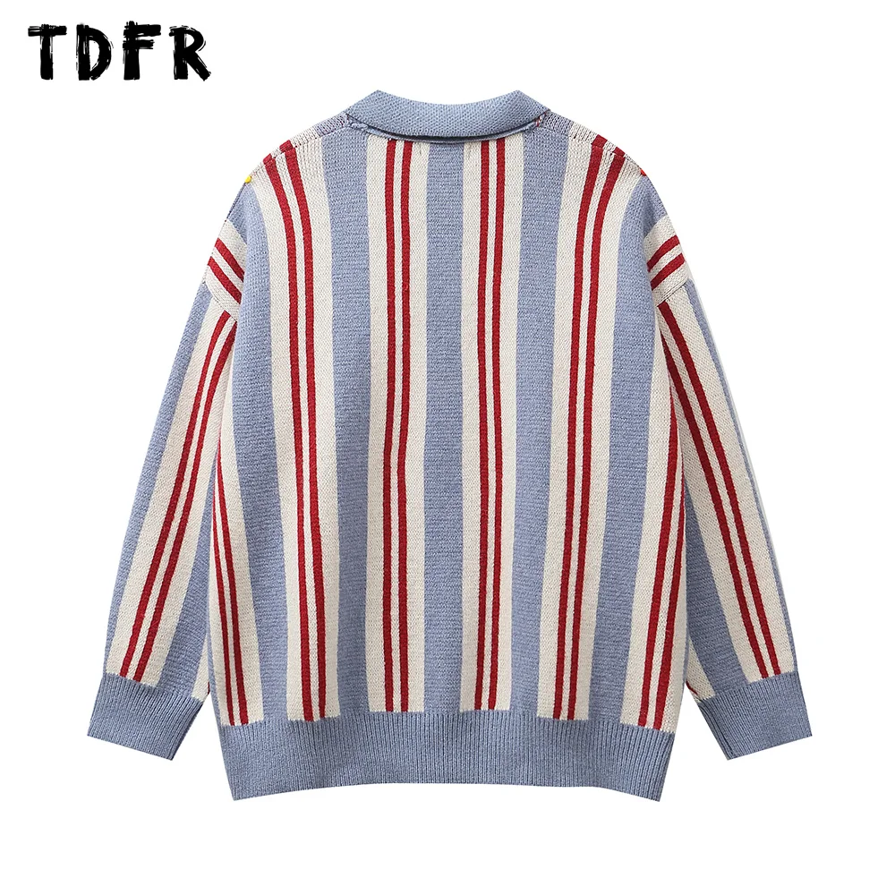 Contrast Striped Sweater Mens Cat Embroidery Autumn Winter Retro Streetwear Long Sleeve Lapel Loose Knitted Pullover Men