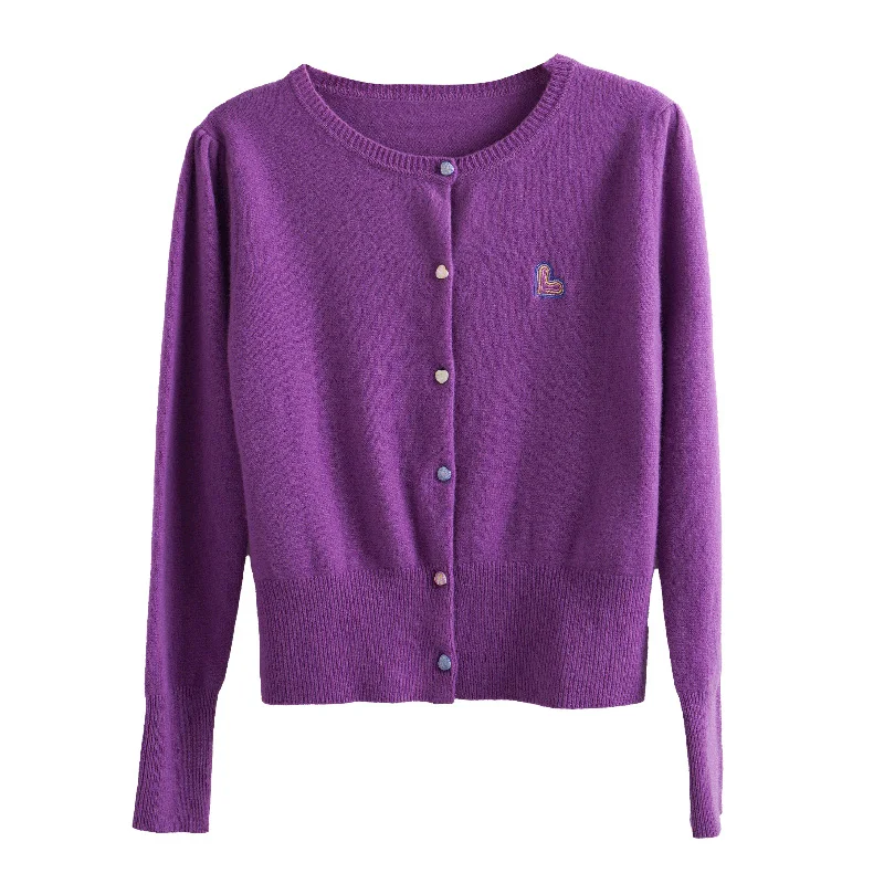 OLrain женский кардиган с длинными рукавами, осень 2021, модный фиолетовый вязаный свитер с круглым вырезом, тонкий повседневный топ с вышивкой, O24QZ83663