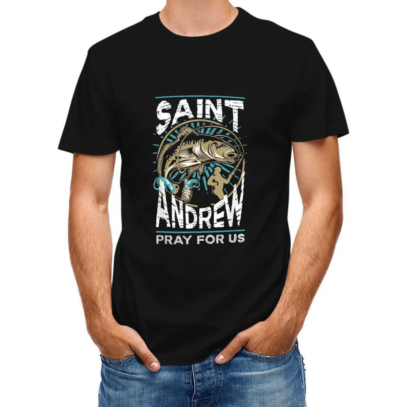 

St Andrew Patron Saint Of Fisherman Fishing Catholic Saint T-Shirt shirts graphic tees blue lock T-shirts for men cotton