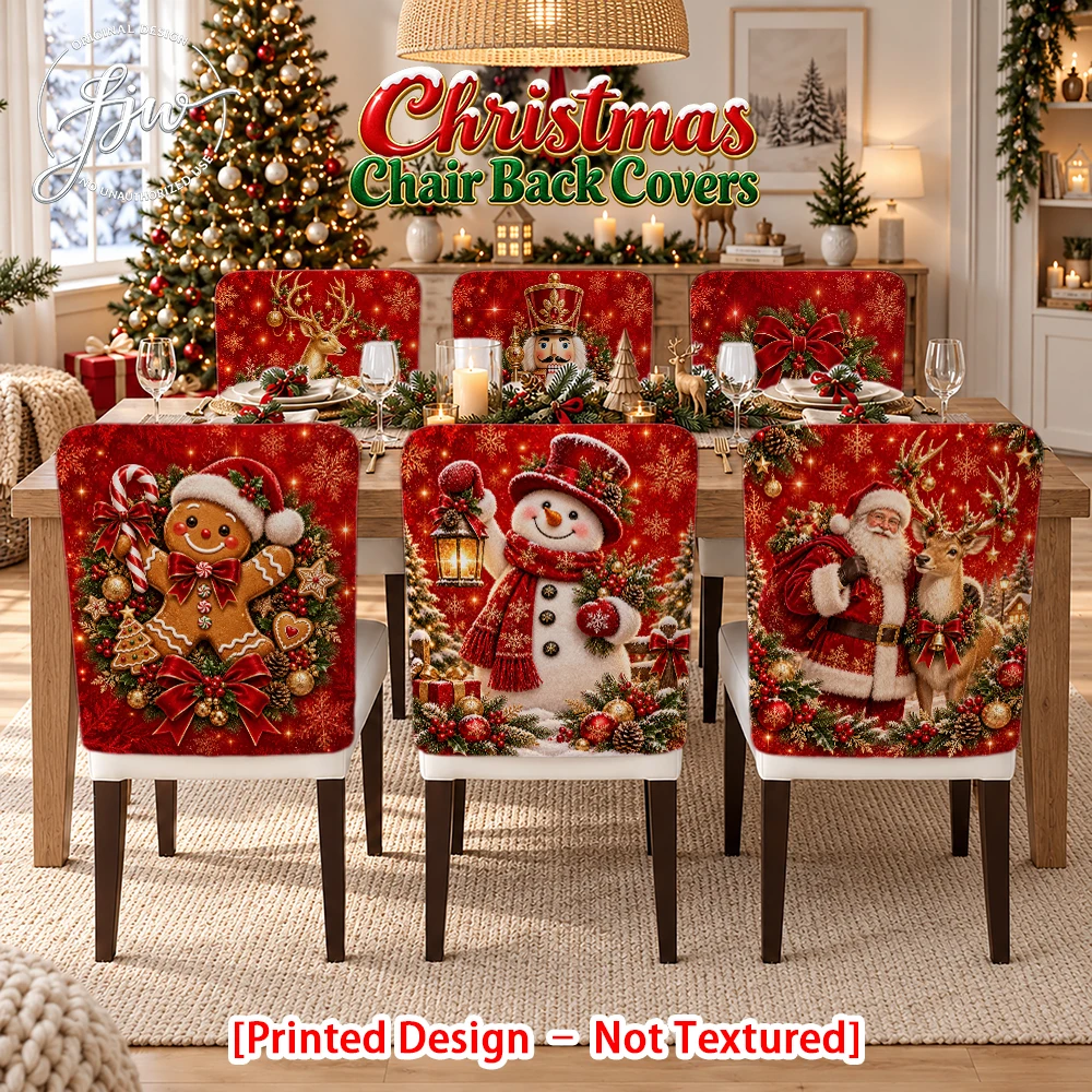 2/4/6pc Christmas Chair Back Covers Xmas Dining Chair Slipcovers with Santa Snowman Reindeer Designs for Party Home Decor