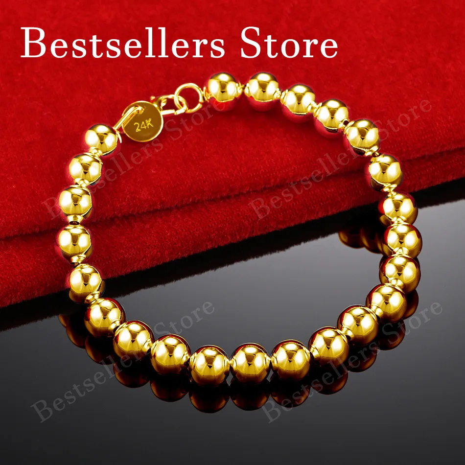 925 Sterling Silver 18K Gold Plated 8MM Delicate Bright Round Bead Bracelet Fashionable Women's Wedding Jewelry
