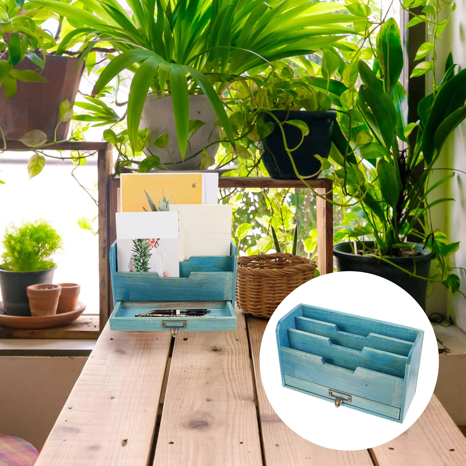 

Rustic Desk Organizer Wooden Storage Box Drawers Sundries Holding Container Blue Magazines