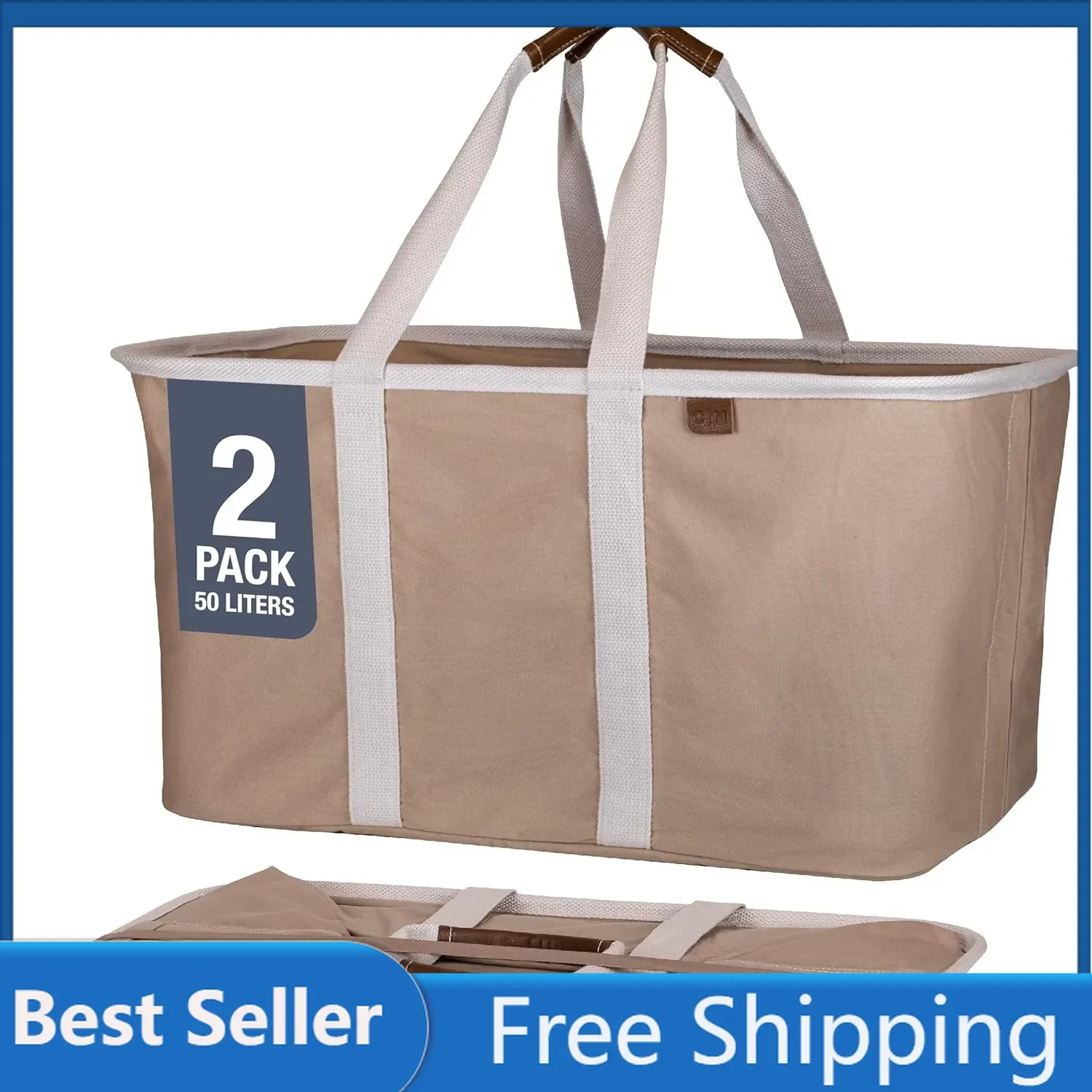 CleverMade Collapsible Laundry Tote, LUXE Mocha 2PK - 50L (13 Gal) Premium Cotton Blend Collapsible Laundry Baskets