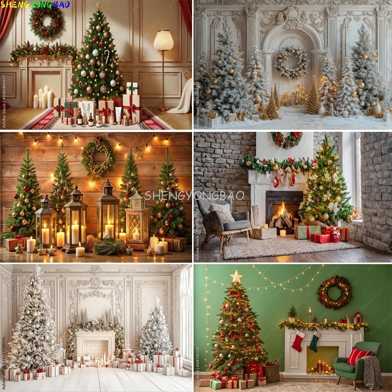 

Christmas Day Pine Tree Photography Backdrop Props Xmas Eve Family Party Living Room Decor Fireplace New Year Background CT03