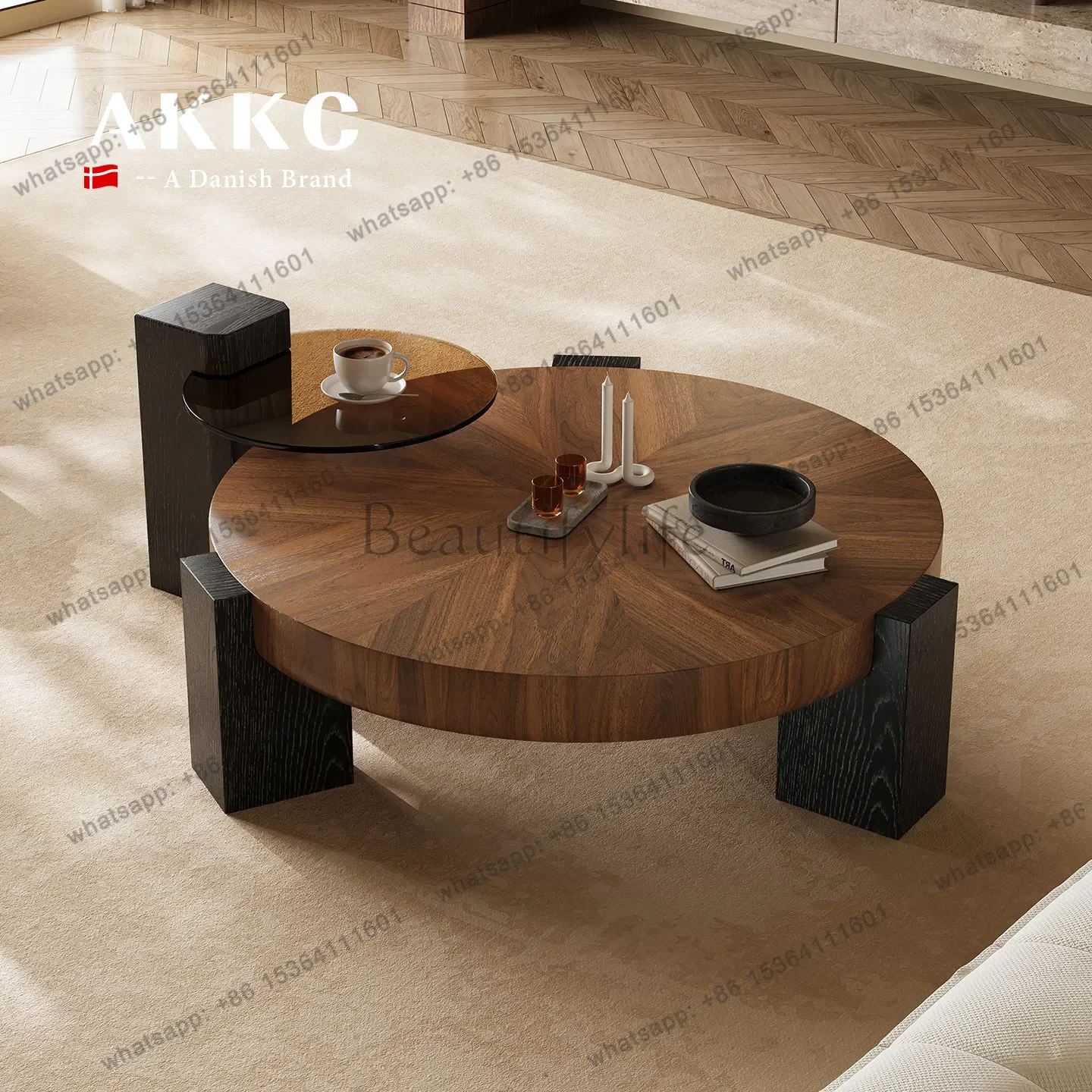

FG11Medieval style coffee table combination round walnut leather wabi sand wind modern simple designer small apartment