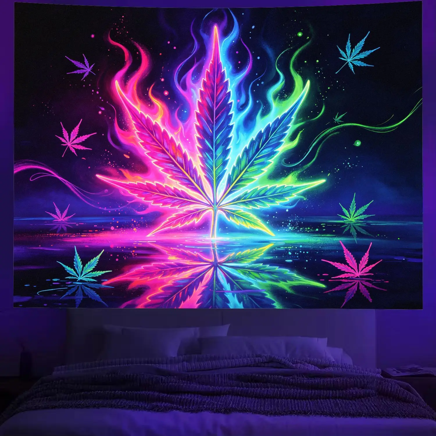VIKAMA Psychedelic Maple Leaf Tapestry Color Flame Water Reflection Fantasy Wall Hanging Aesthetic Bedroom Dorm Decor