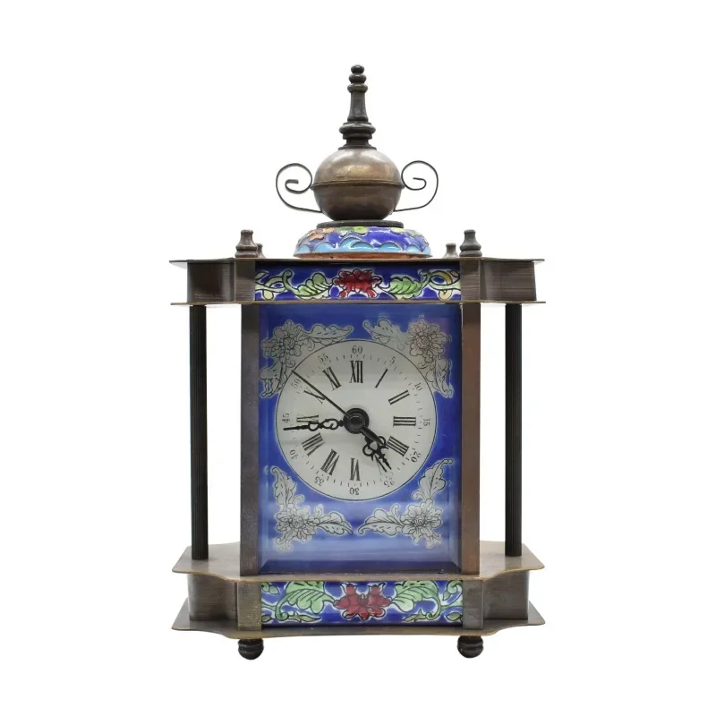 Old-fashioned pure copper enamel color cloisonne mechanical watch European blue pattern table clock home bedroom ornament