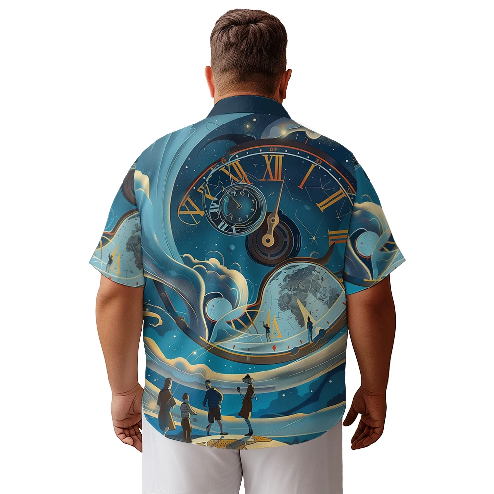 2024 new  Men's shirts plus size Dream sky clock printed clothing casual short-sleeved