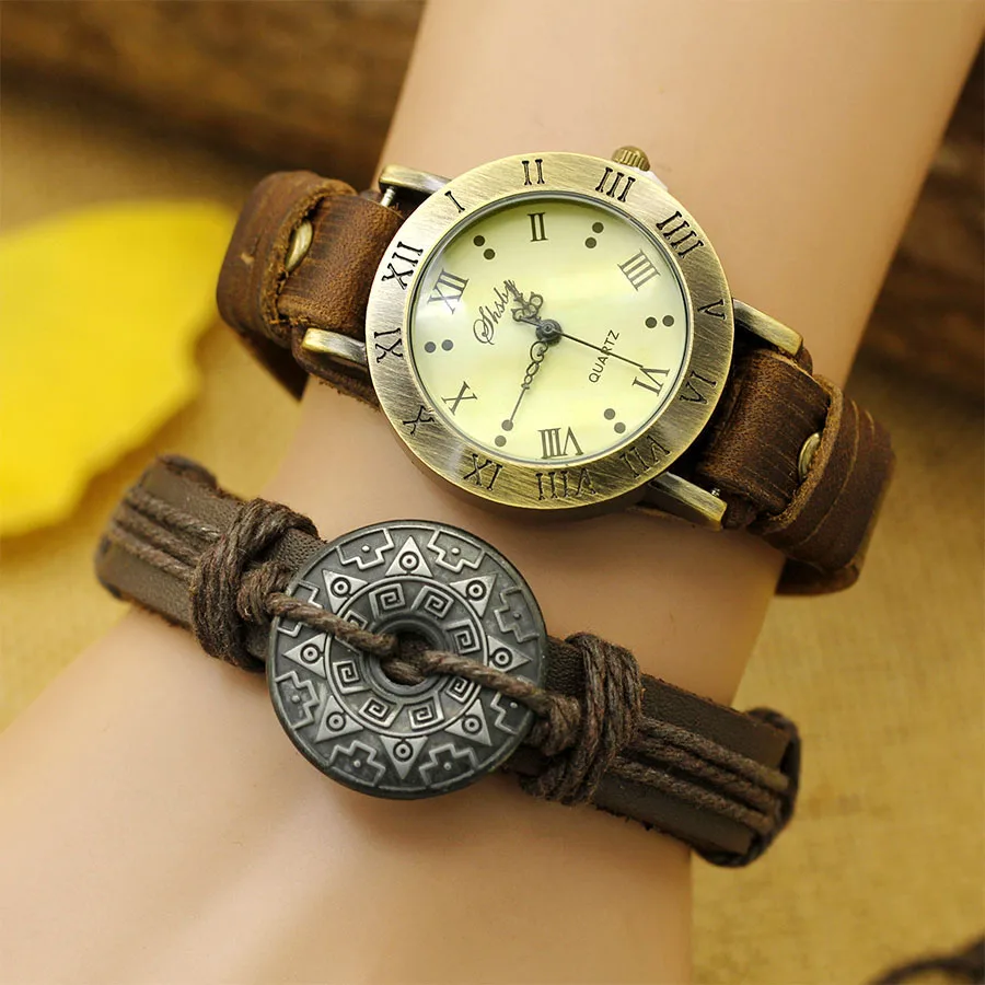 New Rome Vintage Cow Leather Strap Watches Women Dress Bracelet Watches Female Bronze Quartz Watch hand-woven cowhide bracelet