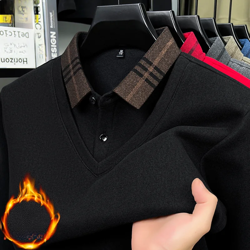 

Thiened Fce Men's Knitted Sweater Casual Sle Button up irt Collar Padded Fake Two-Piece Winter Busin Wear