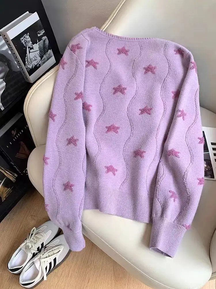 Super Beautiful Star Printed Soft Sweet Knitted Cardigan Spring Autumn Design Gentle Temperament Loose Versatile Sweater