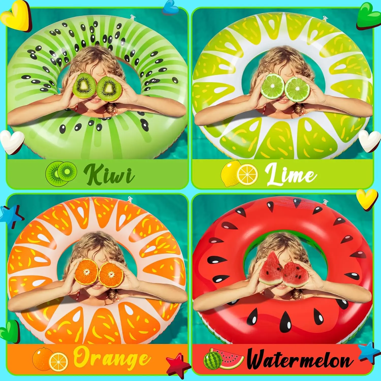 7 peças flutuadores de piscina de frutas: melancia kiwi laranja limão anéis de natação com bolas de praia de 13.5 "tubos infláveis brinquedos flutuadores para ki