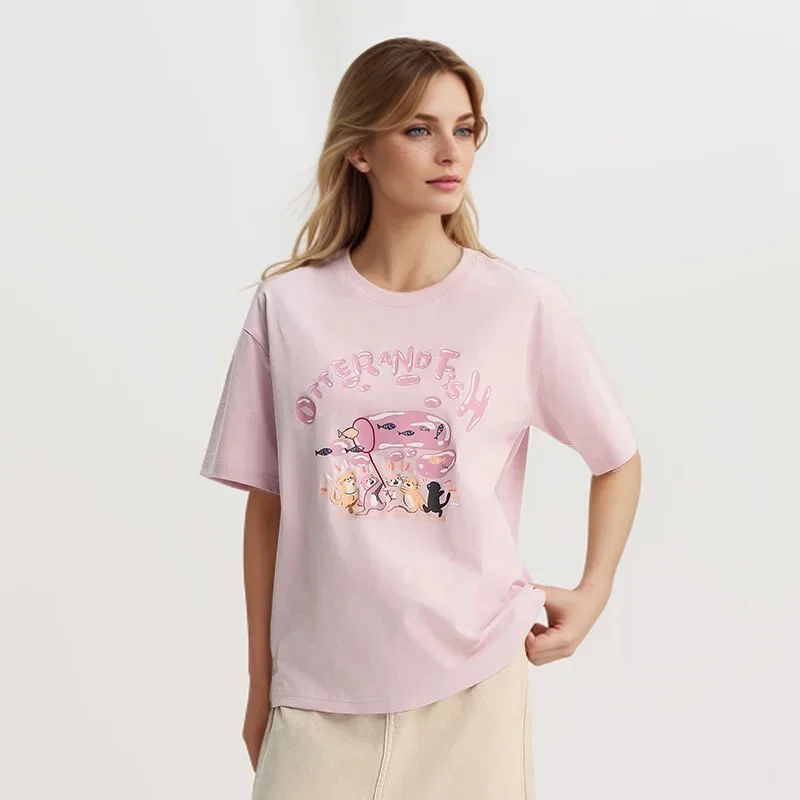 Semir Short Sleeve T-Shirt Women Loose Cartoon Printing Playful Niche 2024 New Summer Drop Shoulder Pullover Lovely