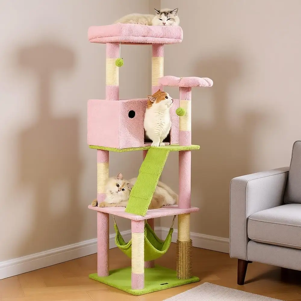 

65-Inch Lower Cat Tree for Large Cats, Pink Tower with Extra Large Condo, 2 Perches, Spacious Hammock, 6 Sisal Scratching Posts