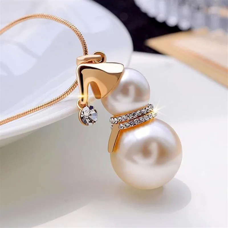 Christmas Snowman Pendant Necklace Imitation Pearl Crystal Long Sweater Chain Necklaces for Women Mom Christmas Gifts for Her