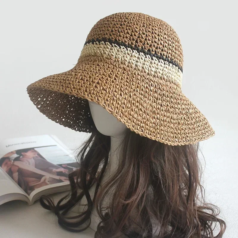

Women's Straw Fisherman Hat Wide Brim UV Breathable Hat with Contrast Stripes Casual Outdoor Beach Cap for Summer