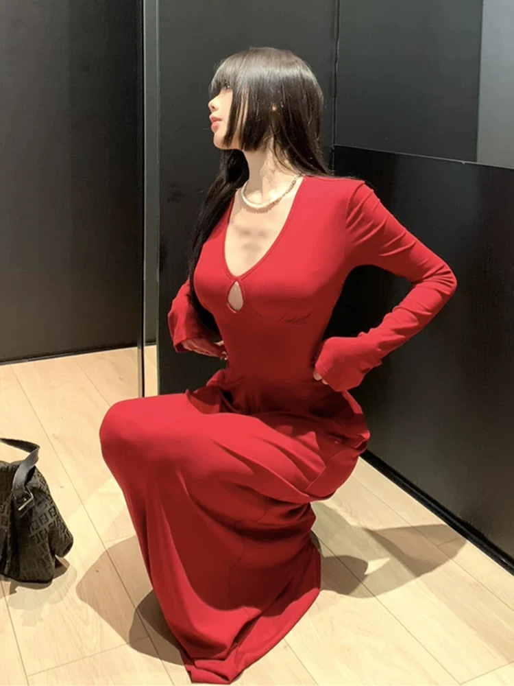 Roriri vestido longo vermelho com decote em v, feminino, fenda de outono, mangas compridas, drapeado, plissado, malha sólida, peça única, retrô, vestido de festa de noite