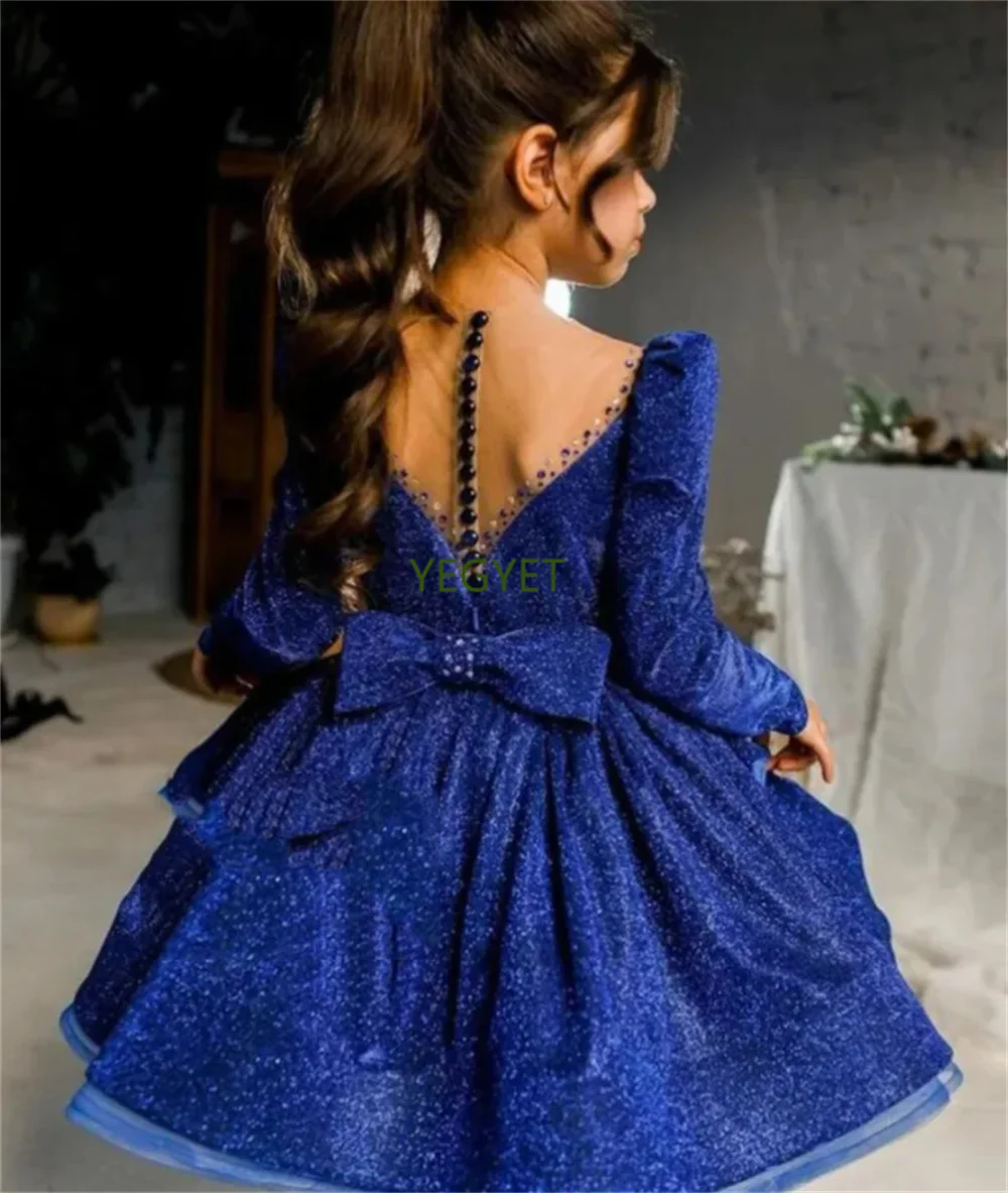 

Kids Blue Puffy Flower Girl Dress Pearls Beadings Bow First Communion Dresses Tulle Long Sleeve Kids Little Bride Dresses