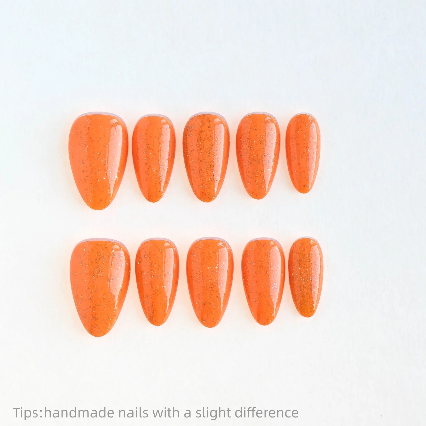 

10pcs Handmade Orange Shimmer Solid Color Press on Nails Almond Wearable Reusable Bright False Nails 2026