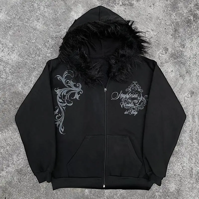 Dark Faux Fur Collar Harajuku Punk Y2K Zip up hoodie High street 