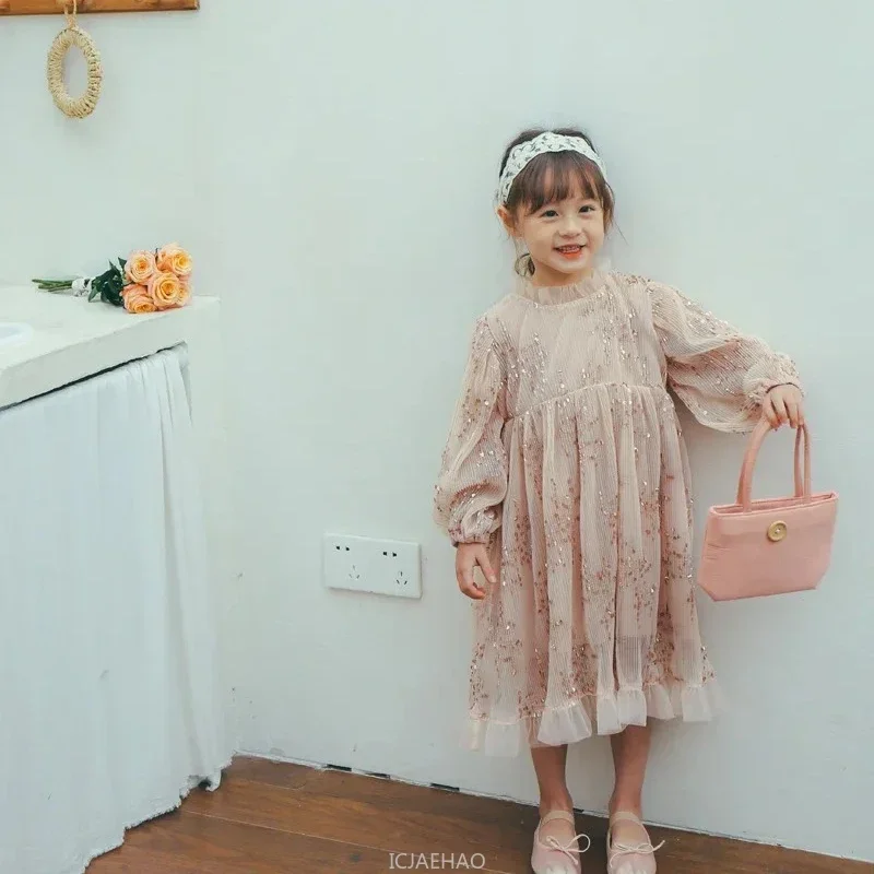 

2025 Sequins Puff Sleeve Ball Gown Baby Girls Pink Princess Dresses ChildrenOutfits New Spring Birthday Party Dress Holiday