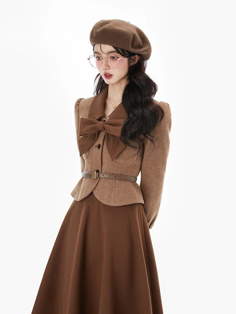 Pink Vintage France Two-piece Set Women 2024 Warm Winter Korean Elegant Skirt Suit Elegant Sweet Coat + A-line Party Midi Skirt