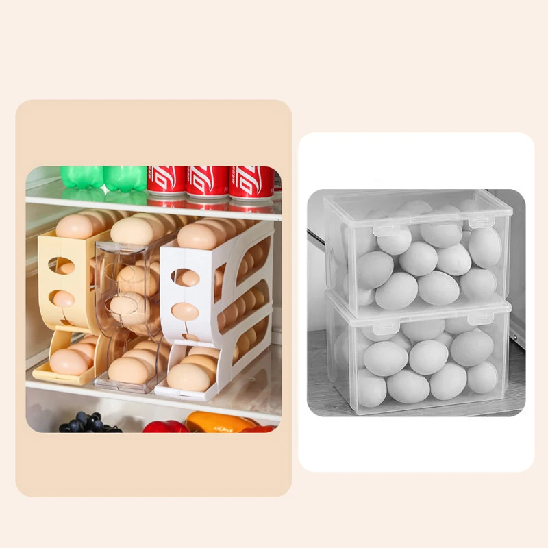 4 Layers Automatic Rolling Egg Holder Rack Fridge Egg Storage Box Container Kitchen Refrigerator Egg Dispenser Fridge Organizer