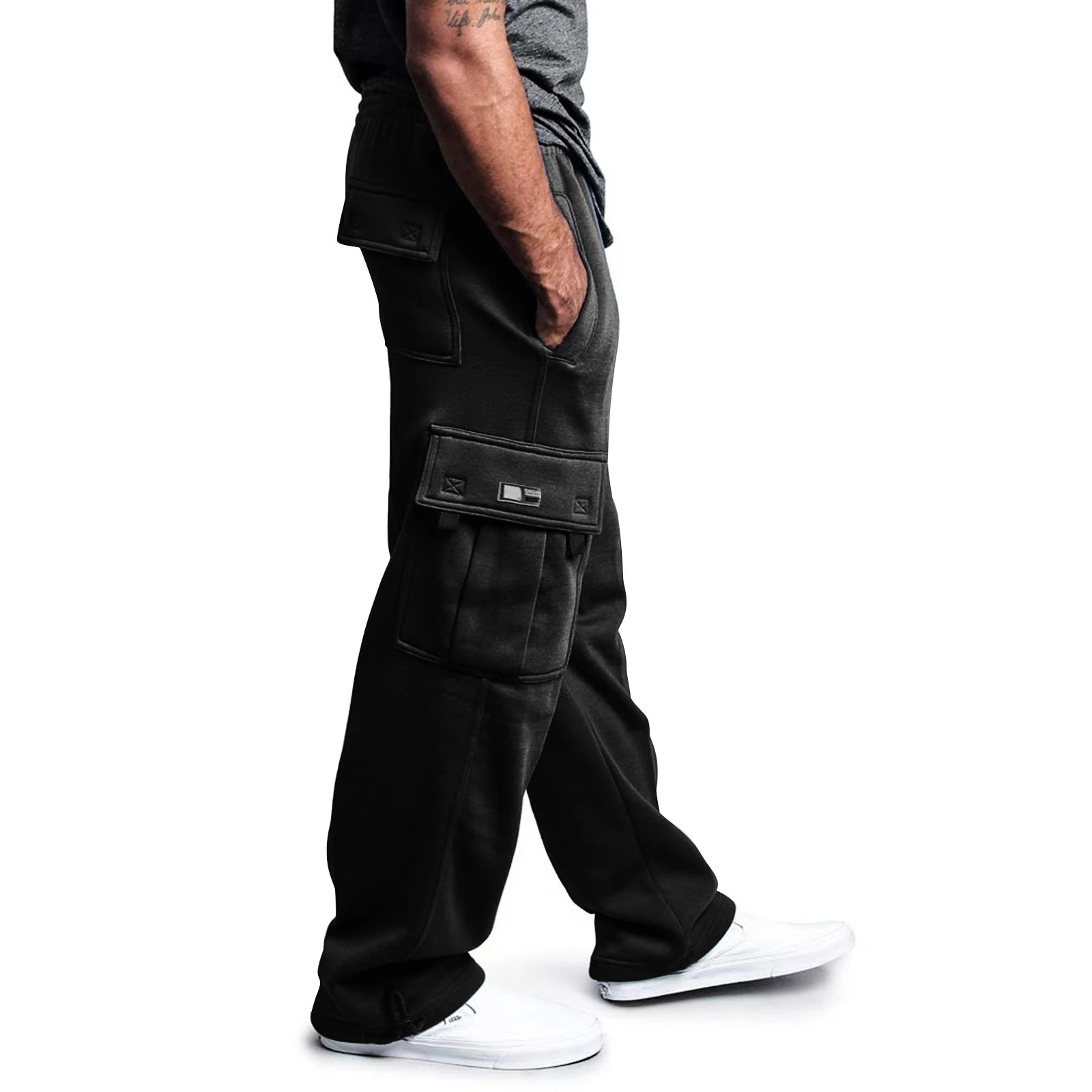 Pantaloni sportivi da jogging elasticizzati in vita elastica da uomo - neri con tasche multiple, chiusura con coulisse e strisce laterali