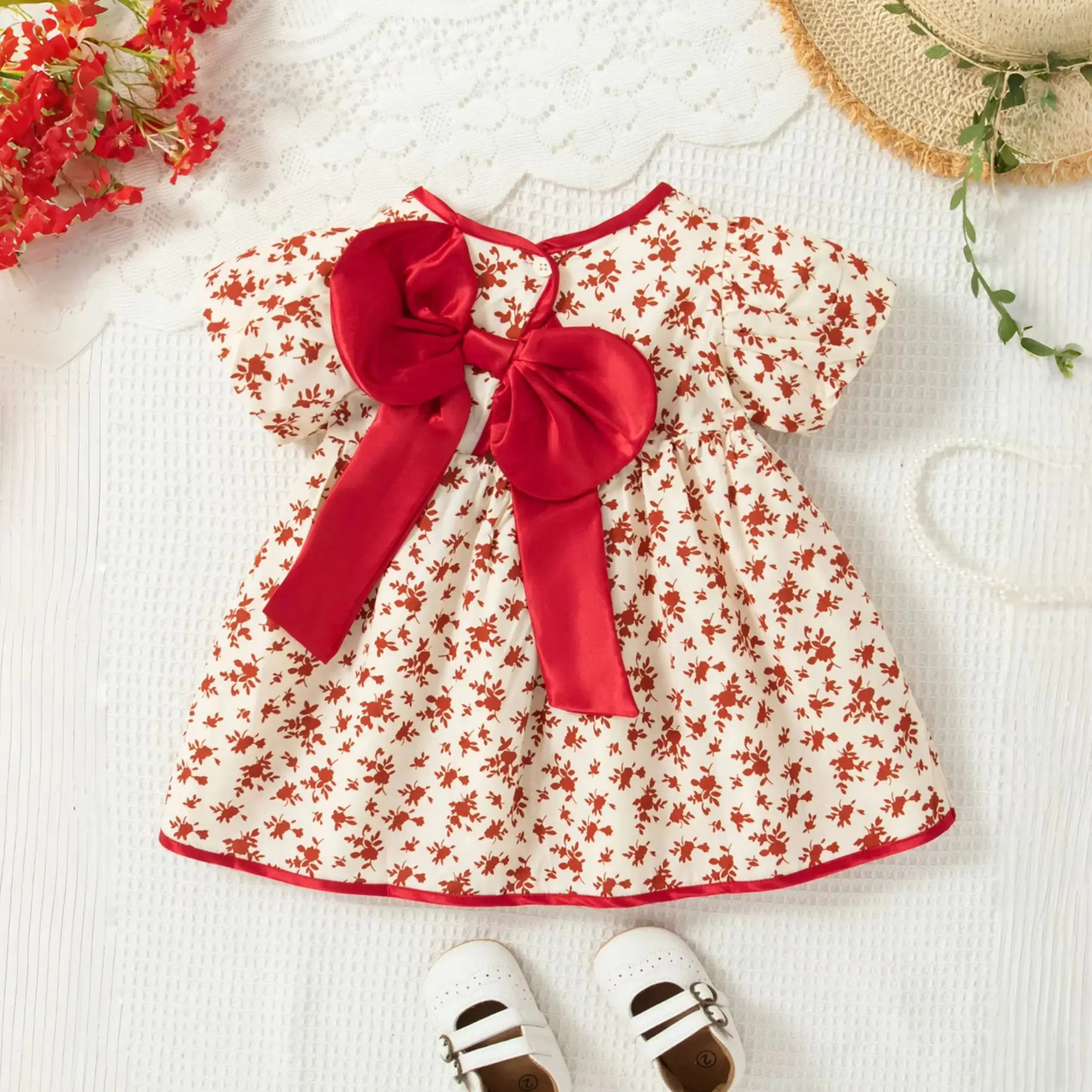 

Summer Chinese Style Baby Qipao Cheongsam Floral Printed Cotton Red Baby Girl Dress