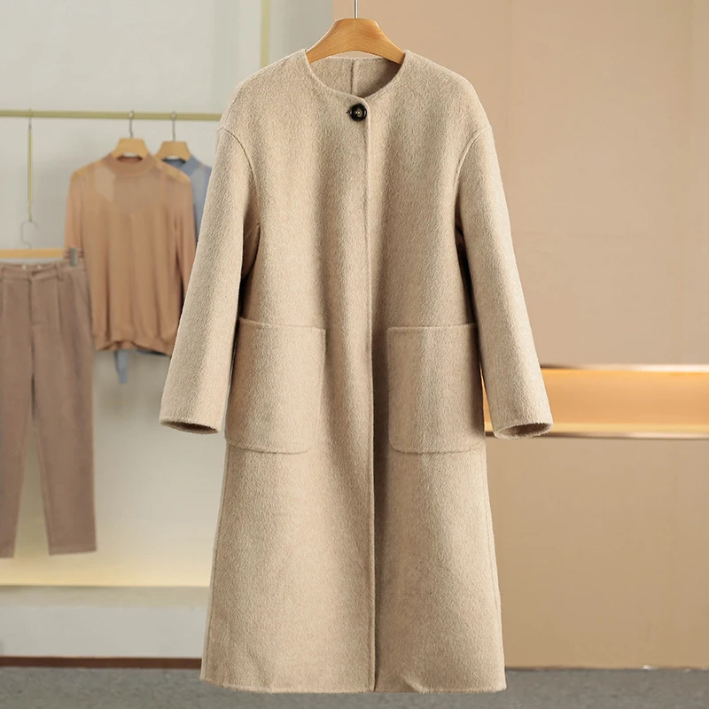 

Double-Faced Woolen Coat 100% Cashmere Hidden Button Elegant Long Coat Shoulder-Width Loose Fit round Neck Nine-Quarter Sleeve