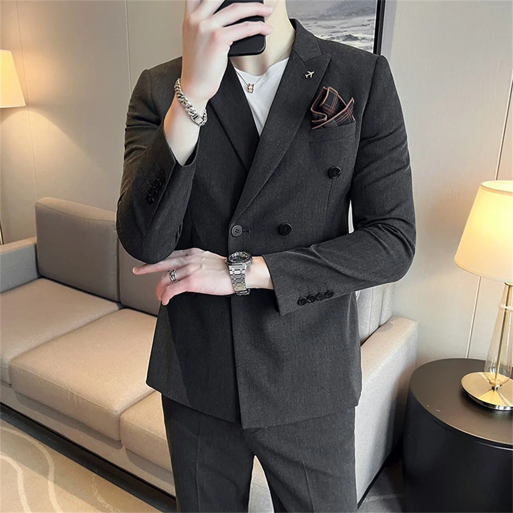 Solid color plus-size suit men's business formal Korean double-breasted three-piece men's fashion suit