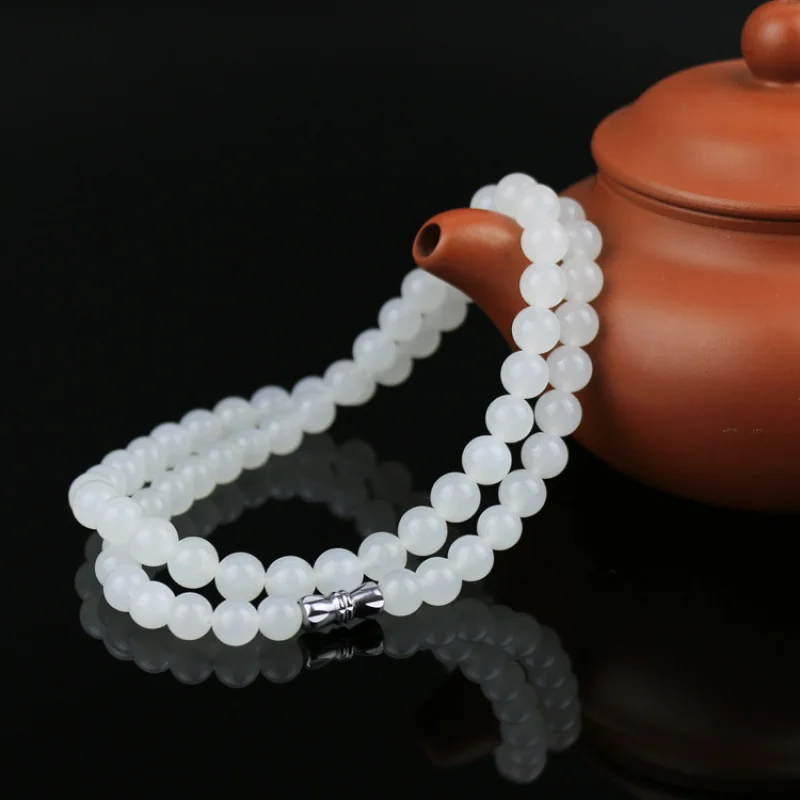 Send CertificateHetian Jue Suet Grade White round Beads Necklace Women's Simple All-Match Jade Jewelry