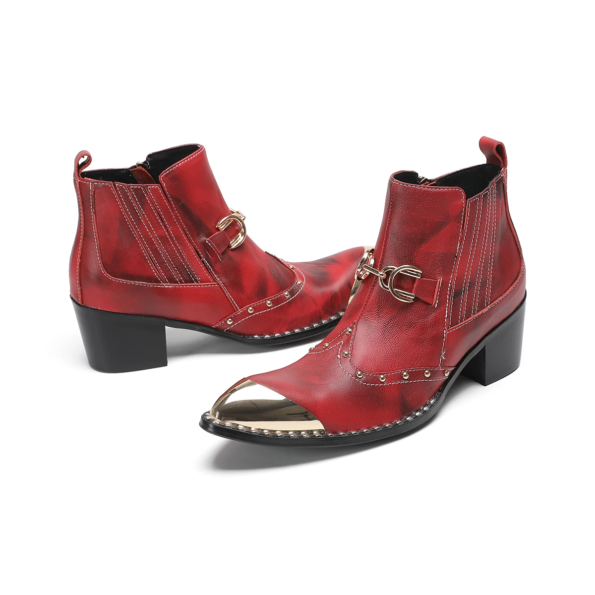 Fashion Red Rivets Pointed Toe Men Real Leather Ankle Boots Large Size Zip Motorcycle Cowboy Short Boots Male Formal Party Shoes