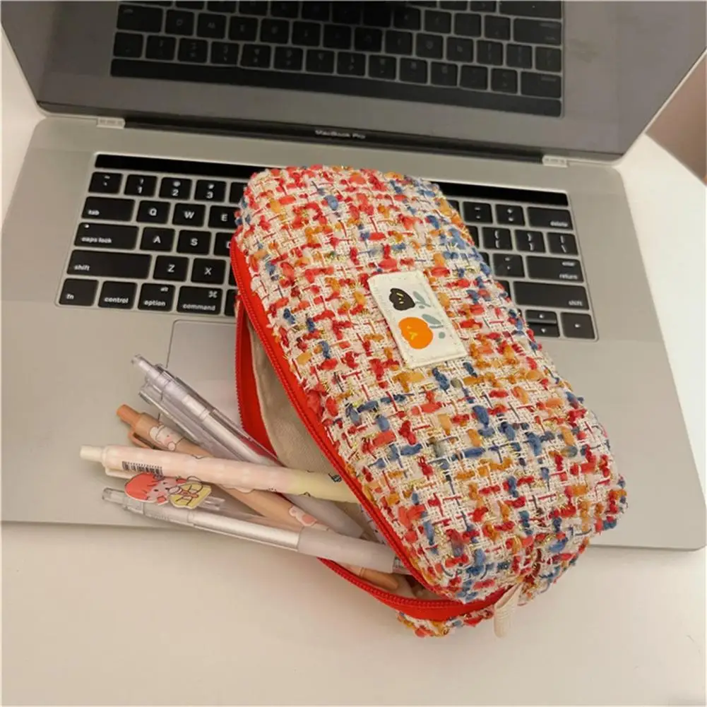 Pencil Case Woven Flower Pattern Zipper Closure Large Capacity Dust-proof Storage Polyester Pencil Pouch Stationery Bag for Girl
