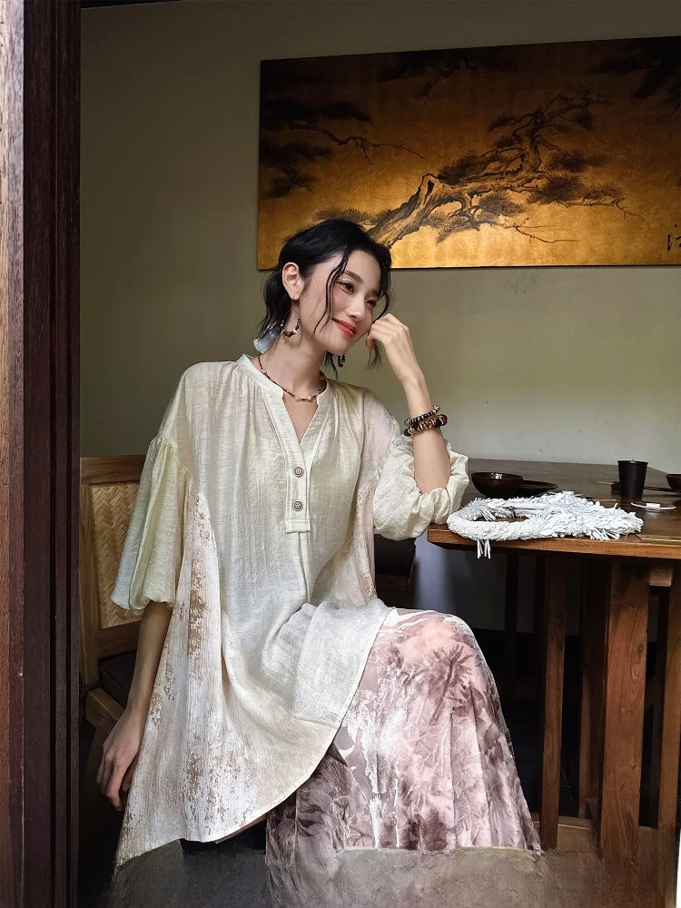 

Sanji Bla Flower Qinghe New Chinese Sle ort Sve Silk irt Thin Luxury Trendy Women's irt Commute Sle Loose Fit