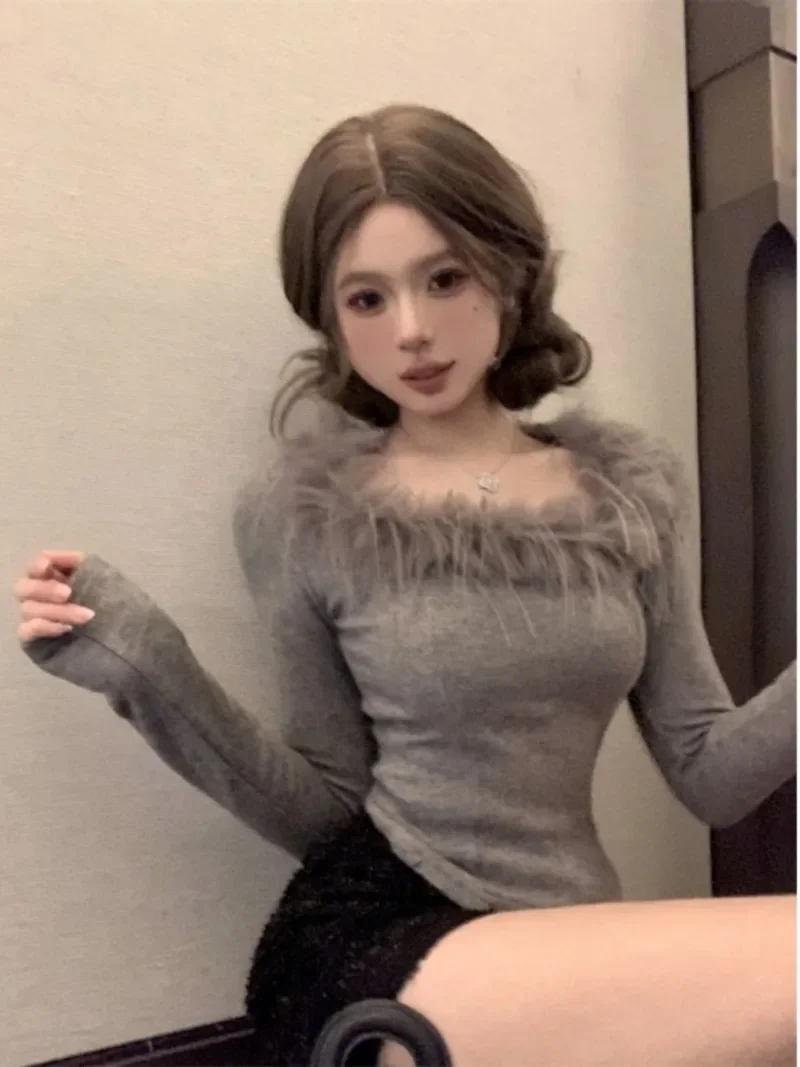 Fur Collar Sueter Mujer Slim Y2k Square Collar Gray Knitted Sweater Female Long Sleeve Top 2024 Shirts for Women Jumper