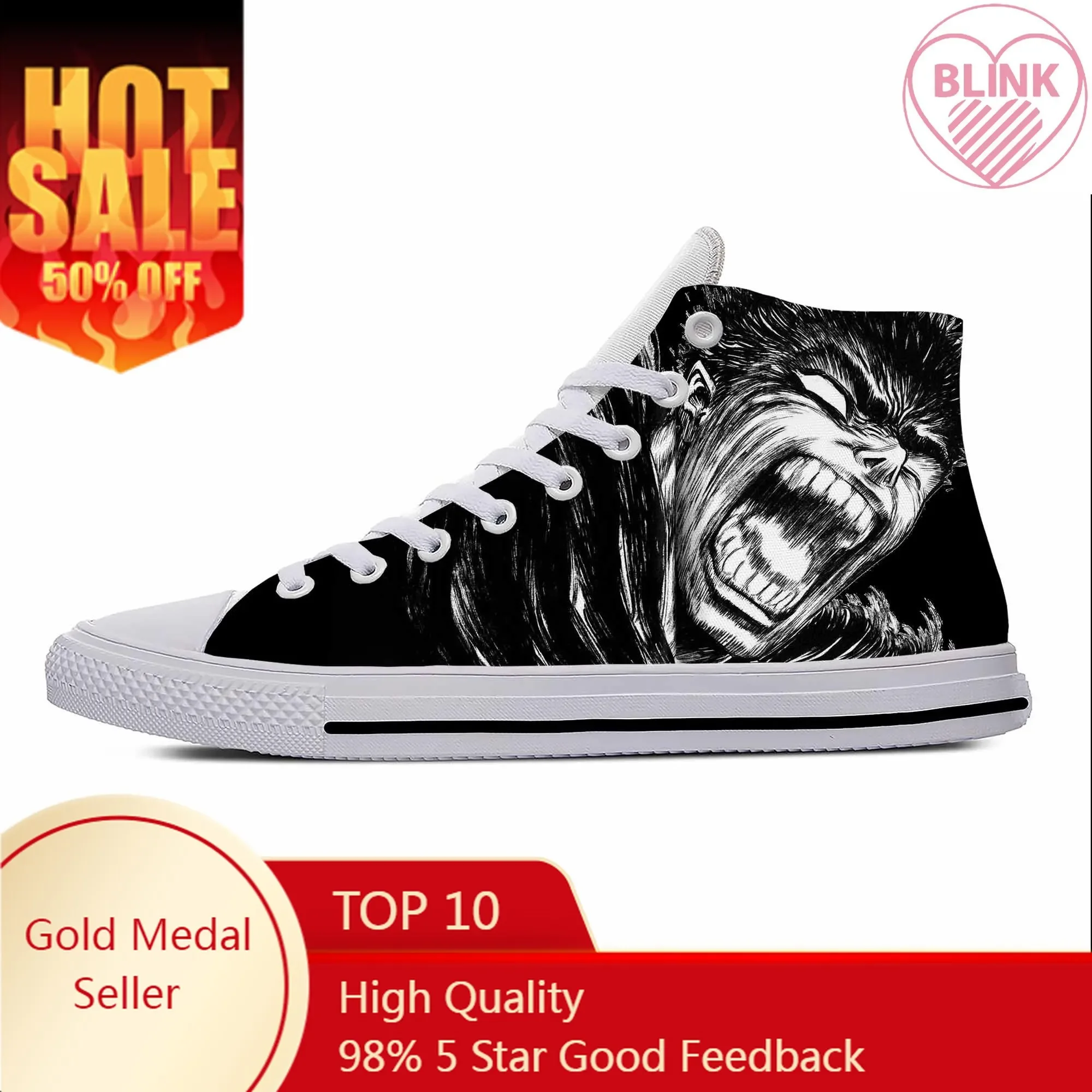 Anime Manga Cartoon Berserk Guts Black Swordsman Casual Cloth Shoes High Top Lightweight Breathable 3D Print Men Women Sneakers