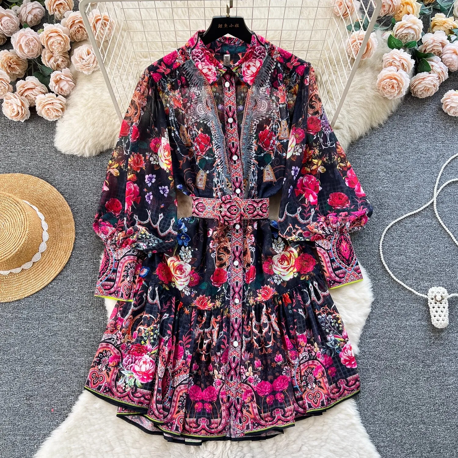 Sommer Herbst Urlaub Blumen kurzes Kleid Hemd Frauen stehen lange Laterne Ärmel Vintage-Druck Chiffon Vestido Palast Stil