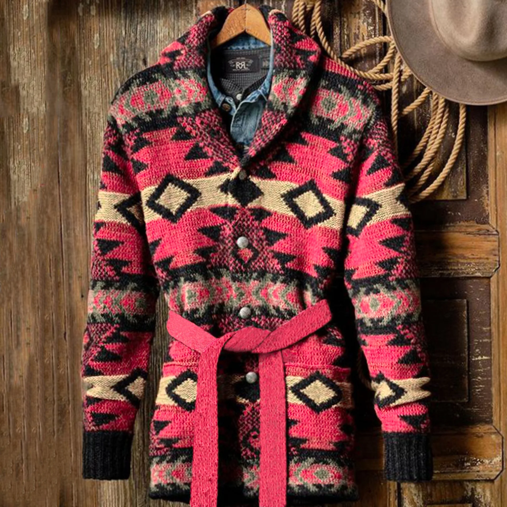 Men\'s American Spring and Autumn Vintage Heavy Industry Jacquard Long Sleeve Sweater with Thick Medium Long Sweater Coat M-3XL