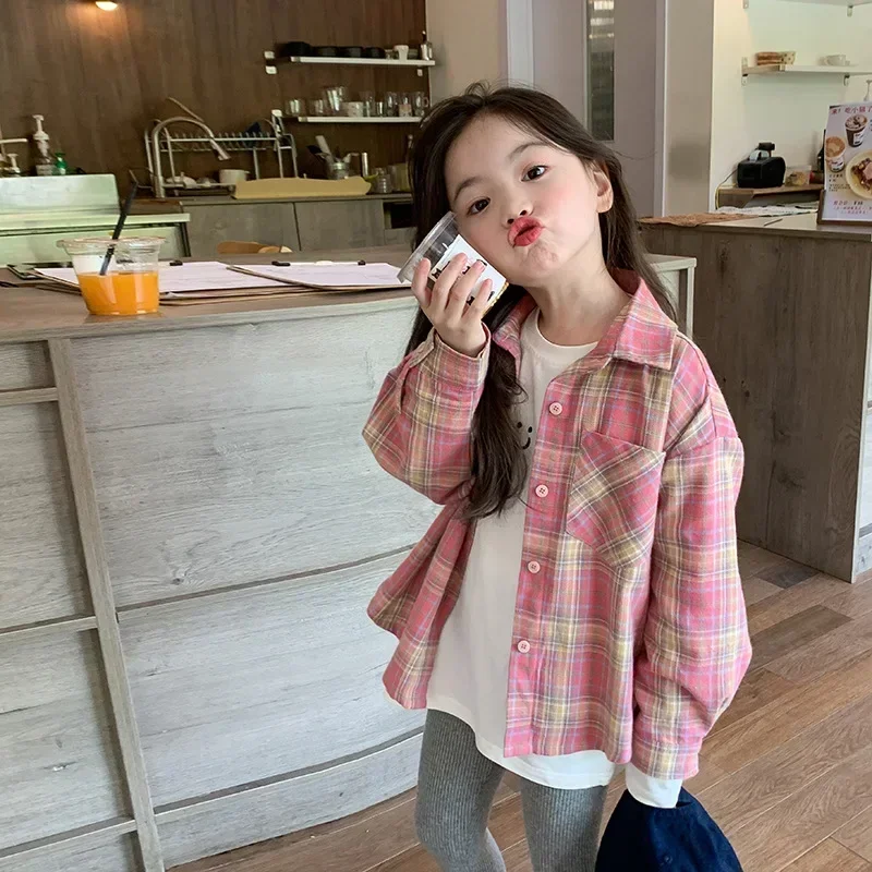Girls Shirts 2024 Autumn New Childrens Clothing Korean Style Baby Girl Foreign Style Thin Pink Lapel Plaid Shirt Casual Simple