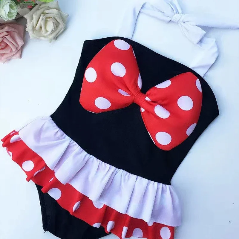 Baby Girl stroje kąpielowe księżniczka Mickey Mouse nadruk w kropki strój kąpielowy z kapeluszem dzieci strój do surfingu Kid niemowlę Cartoon Beach