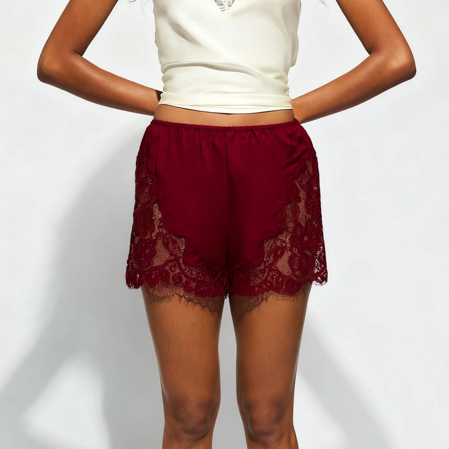 Women's Basic Silk Lace Shorts Summer Casual Wear Intricate Lace Sides Hem Comfortable Mini Shorts