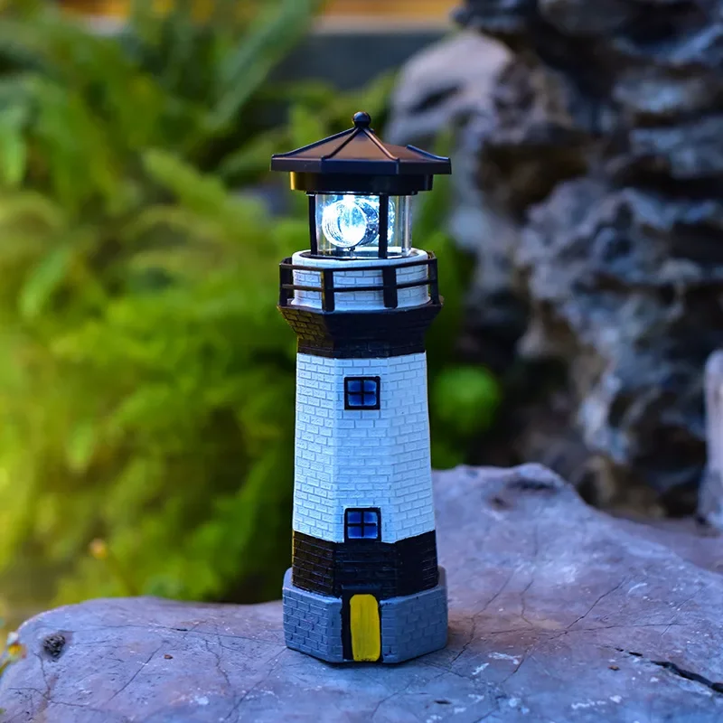 Outdoor Solar Resin Rotating Handmade Lighthouse Courtyard Landscape Decoration Light Lawn Garden Ornament Warning Light