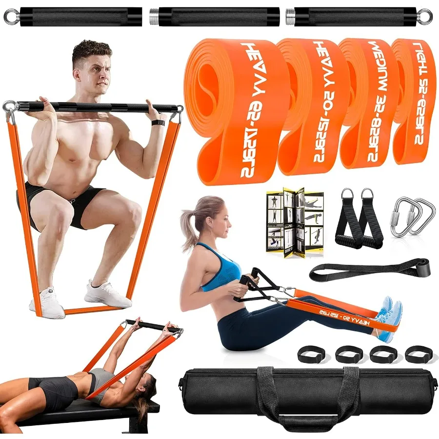 

98CM/38.5" Length Resistance Band Bar Set for Home Gym, 500LB Total Resistance with Longer Bar & 4 Stackable Bands, Detachable f