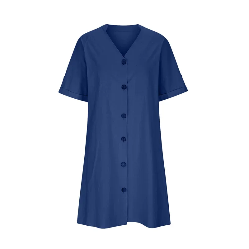 Summer Short Sleeve Solid Color A-line Dresses Women V Neck Single-breasted Simple Style Dress Female Loose Casual Commuter Gown