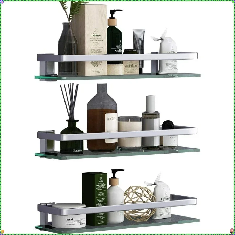 رف حائط للحمام مقاس 15.7 بوصة - زجاج 3 طبقات، حامل على الحائط، منظم مقاوم للصدأ (فضي) | لأصحاب المنازل/الإيجارين | الحمام #2