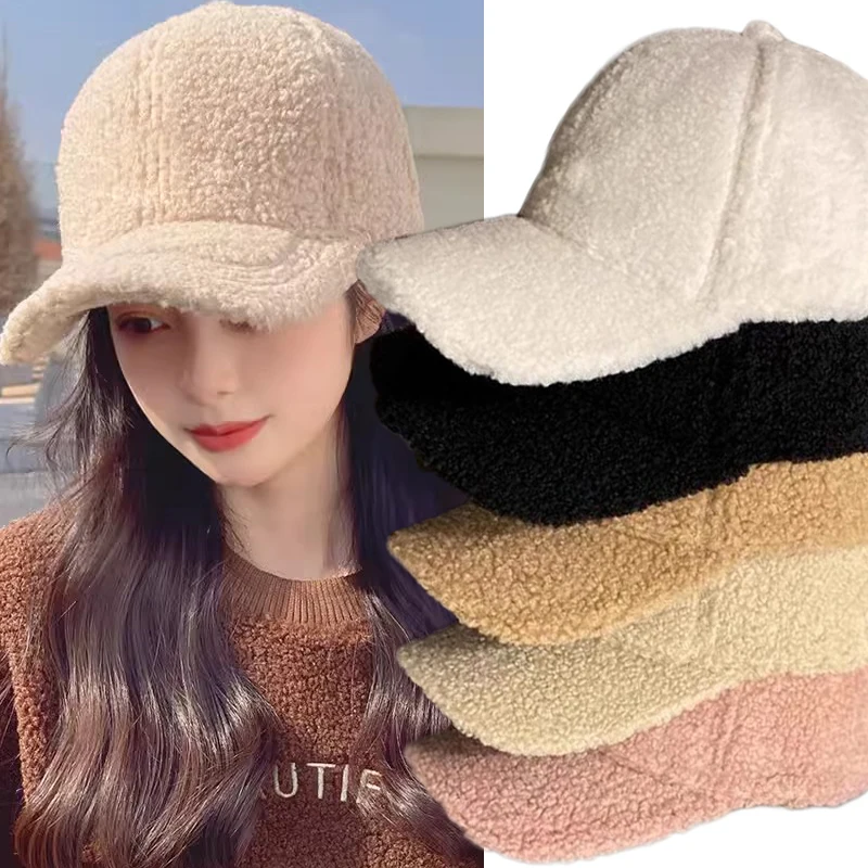 2024 Lamb Fur Hats Female Autumn Winter Korean Version Tide Solid Color Warm Visor Cap Plush Baseball Caps Winter Baseball Cap