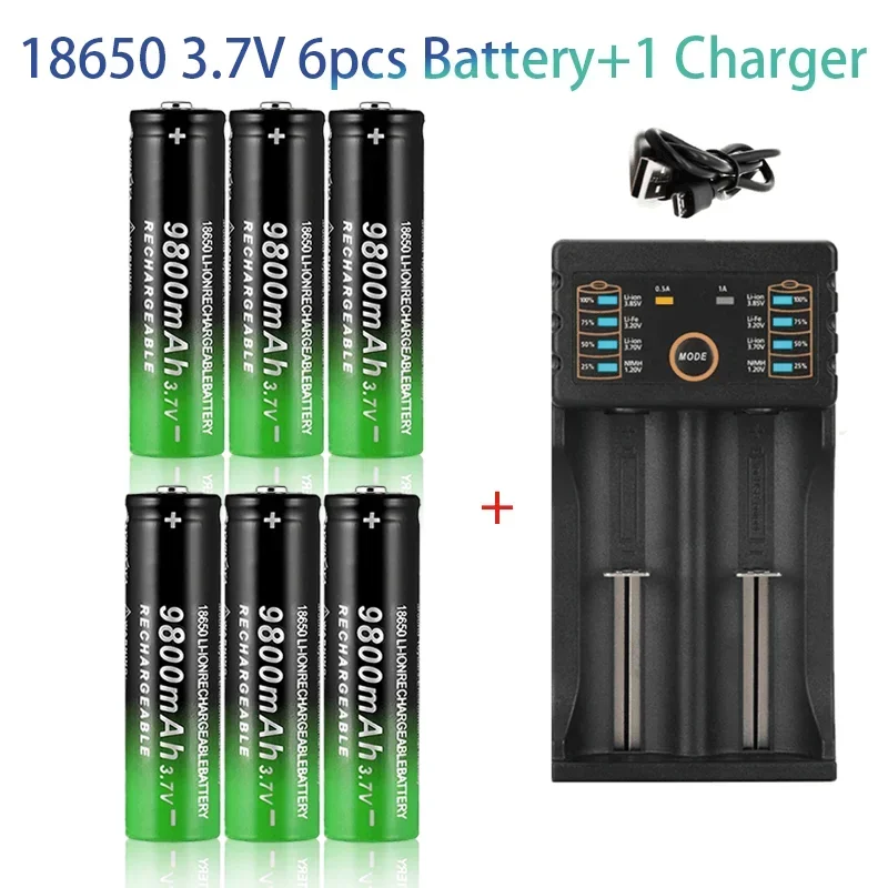 100%18650 Lithium Batteries Flashlight 18650 Rechargeable-Battery 3.7V 9800mah for Flashlight + USB charger