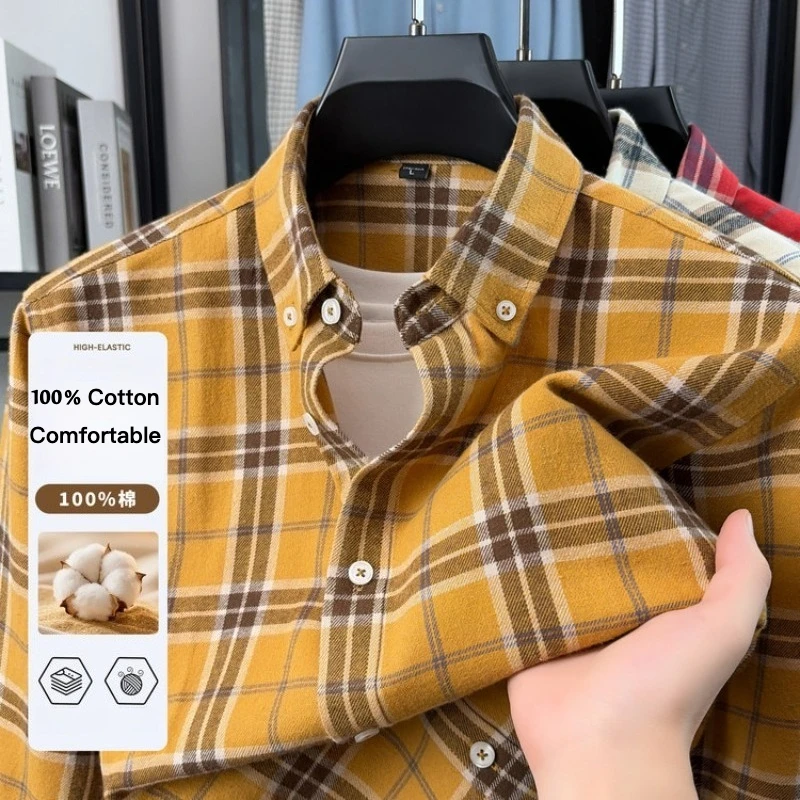 100% Cotton Brushed Plaid Shirt Men Long Sleeve Casual Loose Fit Button Down Top